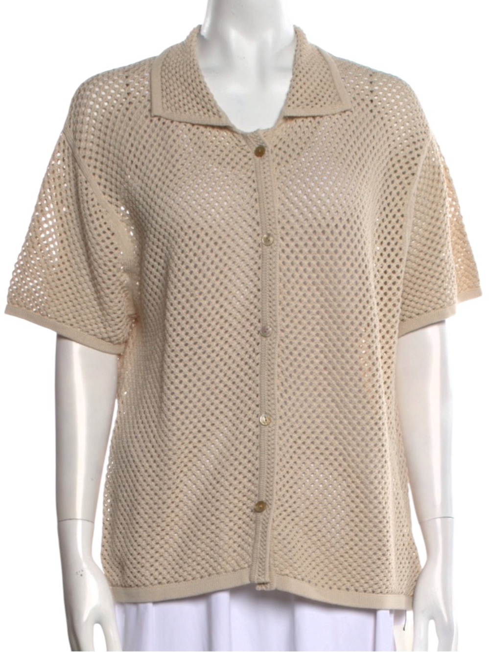 White & Warren Cotton Knit Net Short Sleeve Button Down Sheer Shirt Si